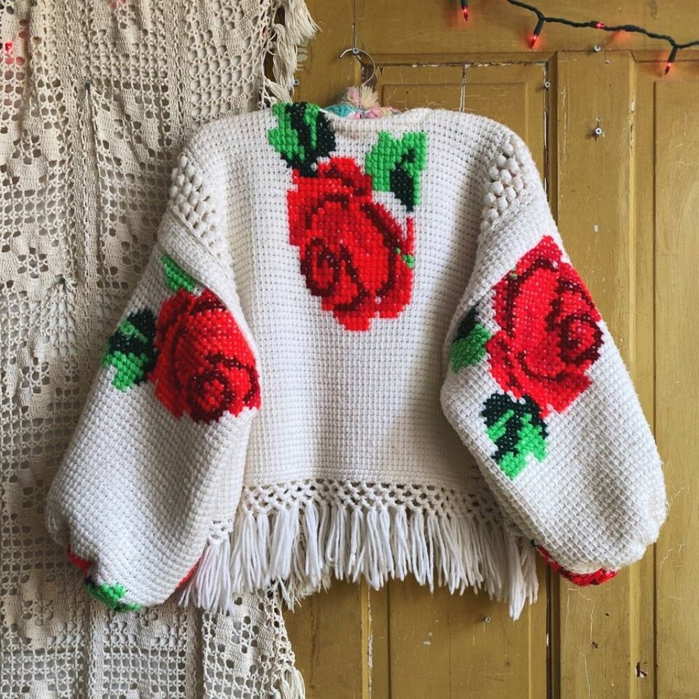 Red Rose Tunisian Crochet Granny Sweater Fringe Handmade Vintage